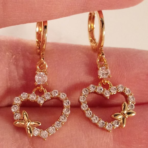 Jewelry - 18K Yellow Gold Filled Earrings Heart Butterfly Diamond Zircon Dangle Earrings